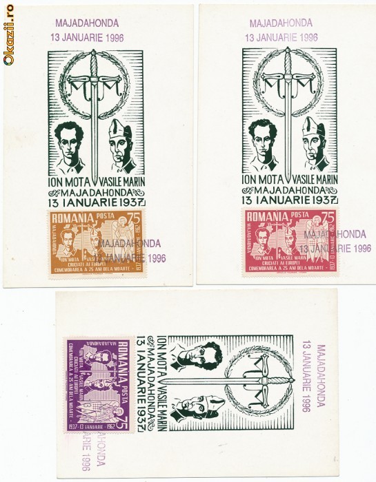RFL 1962 Exil Romania set de 3 ilustrate maxime cu teme legionare Majadahonda foto mare