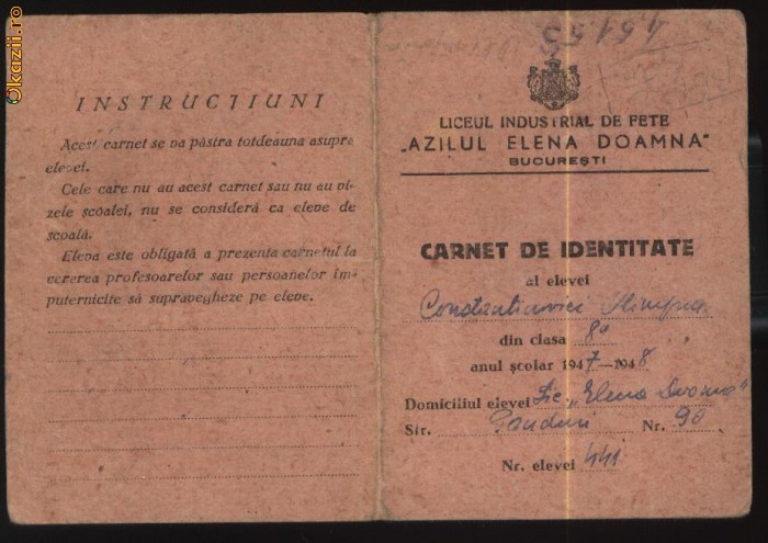 Liceul de Fete Azilul Elena Doamna Bucuresti , carnet de identitate , 1947 foto mare
