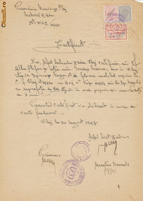 RFL 1947 document timbru fiscal local Cluj deflatie foto mare