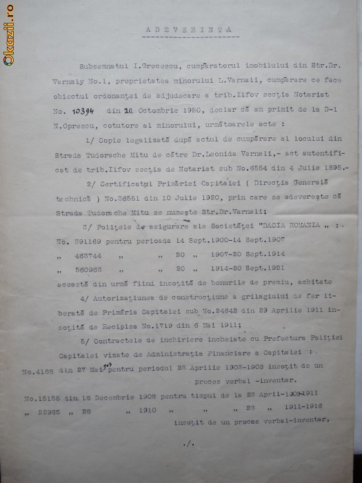 Adeverinta de primire a unor acte , legalizata ,1920 foto mare
