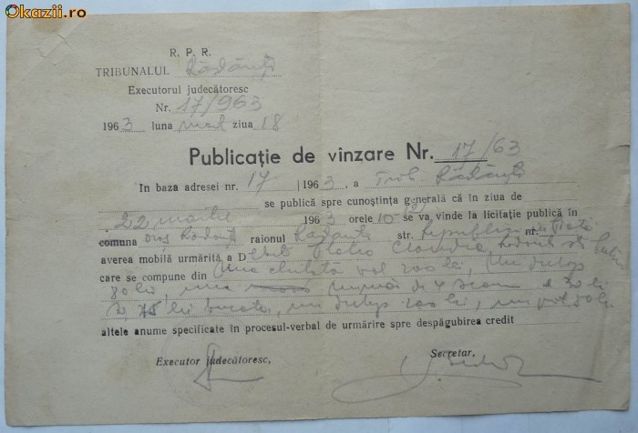 2 publicatii de vanzare ale executorului judecatoresc , 1963 foto mare