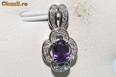 superb pandantiv aur alb 14K ametist si diamante naturale 1,9gr foto mare