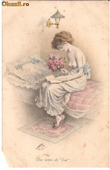 T FOTO 01 Romantica -O tanara semi nud-Un lettre de ,,Lui -O scrisoare de la ,,El -antebelica -tiparita in Austria foto mare