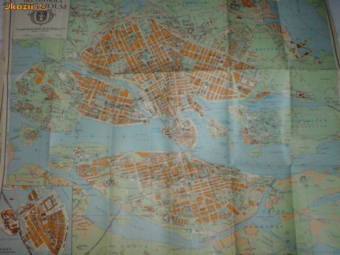 Planul orasului Stockholm 1947, dimensiune 66cm/51 cm foto mare
