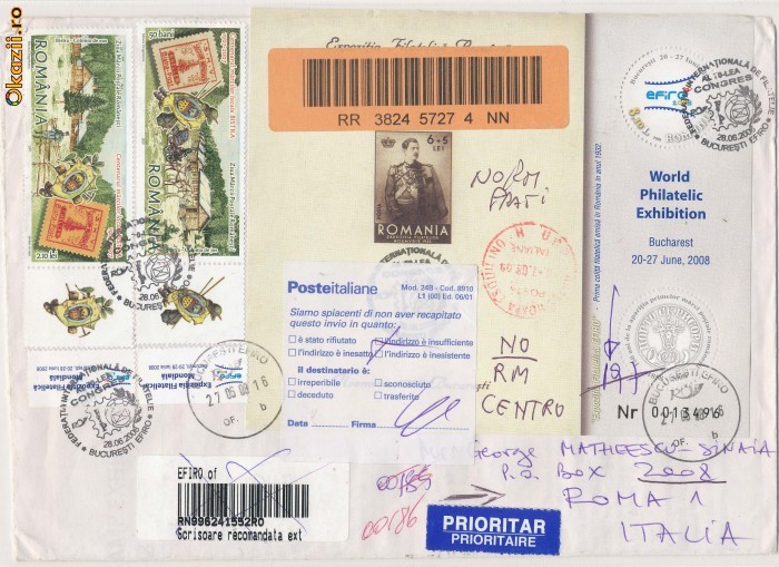 RFL ROMANIA plic special cu colita Expozitia Filatelica Mondiala EFIRO 2008 si stampile speciale catre Italia si retur foto mare
