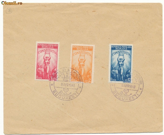 RFL Romania 1948 seria 3 timbre Constitutia cu stampila FDC pe plic foto mare