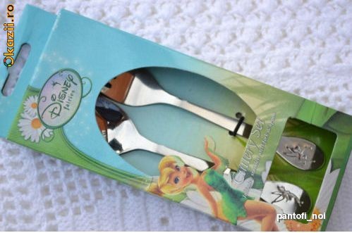 Set tacamuri pentru copii,☆ DISNEY FAIRIES ☆ TINKERBELL,lingurita si furculita, NOU sigilat ,stainless steel,gravat cu figurina CLOPOTICA foto mare