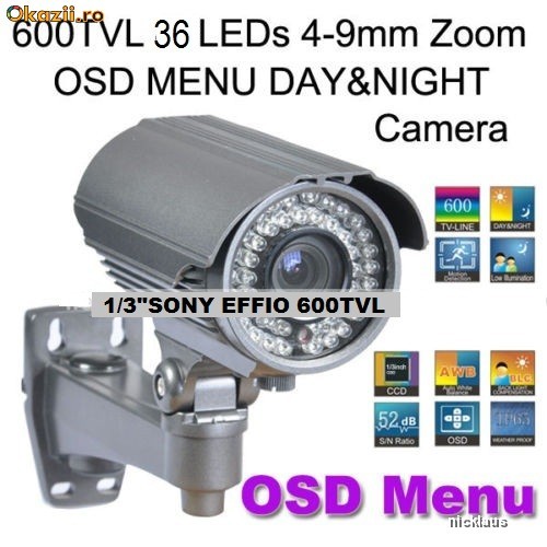 Camera Supraveghere Video Color De Exterior 1/3SONY EFFIO 600TVL,4-9mm Varifocal lens 36-LED  IR Night Vision foto mare