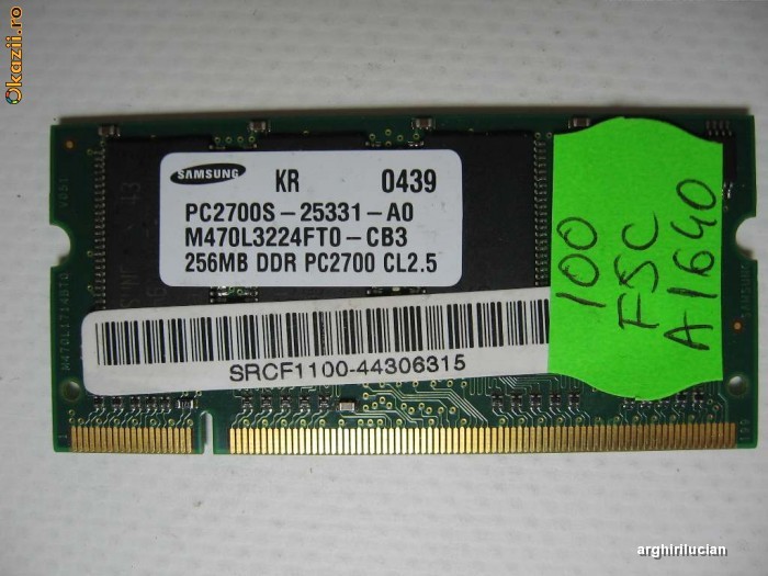 Memorie SAMSUNG 256 Mb DDR PC2700 CL2.5 RAM M470L3224FTO-CB3 2 foto mare
