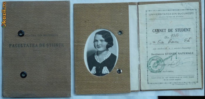 Universitatea din Bucuresti , Facultatea de Stiinte , Sectiunea Stiinte Naturale , carnet de student  , 1933 , 1 foto mare