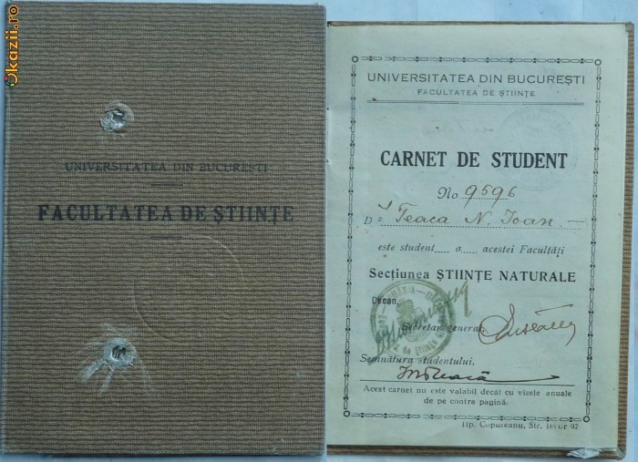 Universitatea din Bucuresti , Facultatea de Stiinte , Sectiunea Stiinte Naturale , carnet de student  , 1933 foto mare