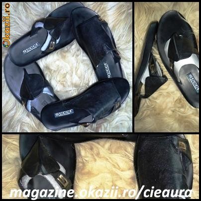 PAPUCI / SLAPI FASHION BARBATESTI firma GUCCI PIELE NATURALA SIGLA MONOGRAMA METALICA ARGINTIE MASURI 45 si 46 foto mare