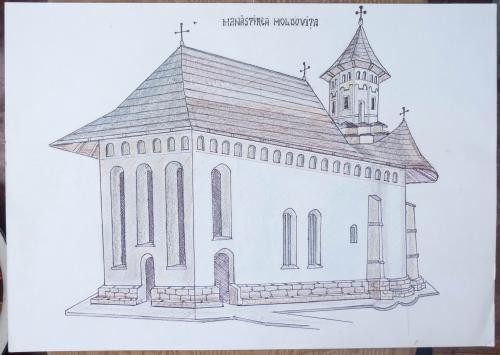 Manastirea Moldovita , desen de Lelcu , pictor de biserici , semnat foto mare