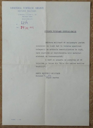 Editura Militara , adresa a conducerii catre general maior ,1965 foto mare