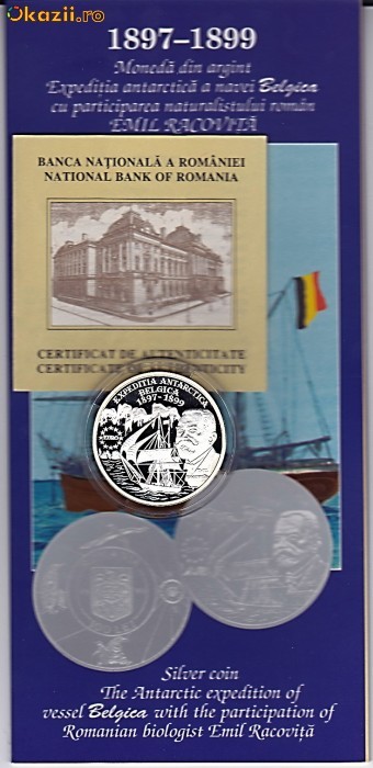 BNR 100 lei 1999,Expeditia antarctica BELGICA,Emil Racovita,,argint 27 grame foto mare BNR 100 lei 1999,Expeditia antarctica BELGICA,Emil Racovita,,argint 27 grame foto mare
